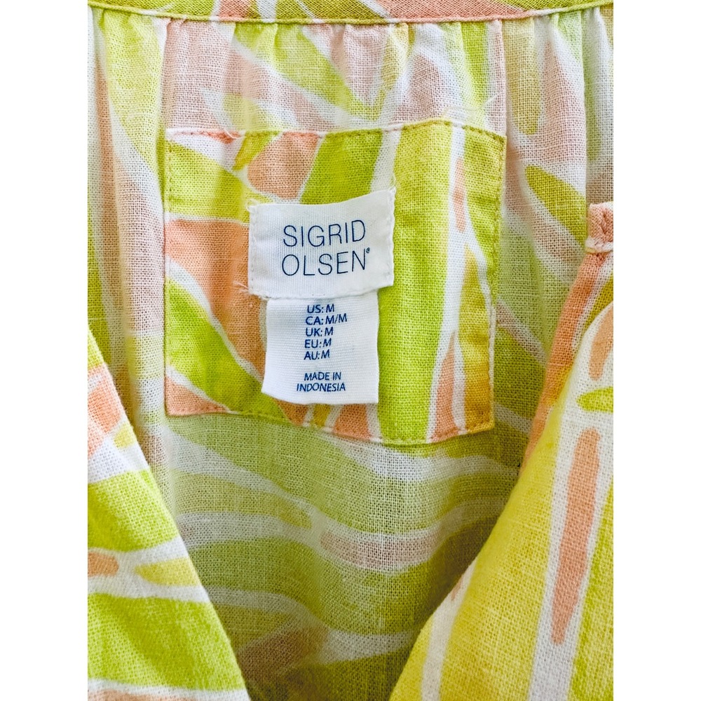 Sigrid Olsen Women Lime Green Peach Tropical Palm Linen Blend Midi Dress Size M - Picture 3 of 8